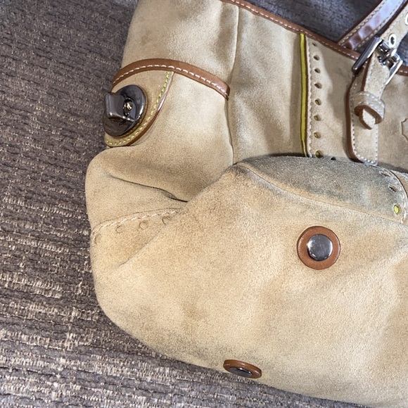 Coach tan suede handbag 9”x14” lime green interior. - Picture 3 of 5